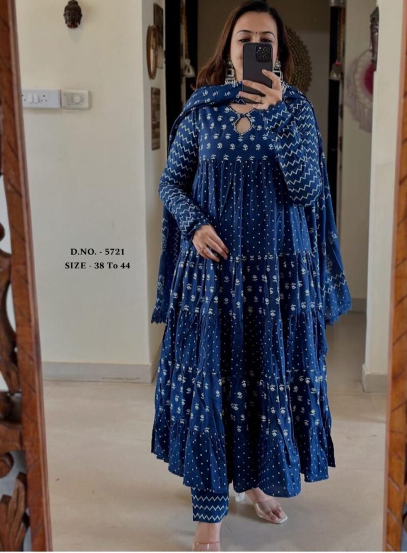 Beautiful Blue Block Printed Anarkali 3Piece Suit Readymade - Image 2
