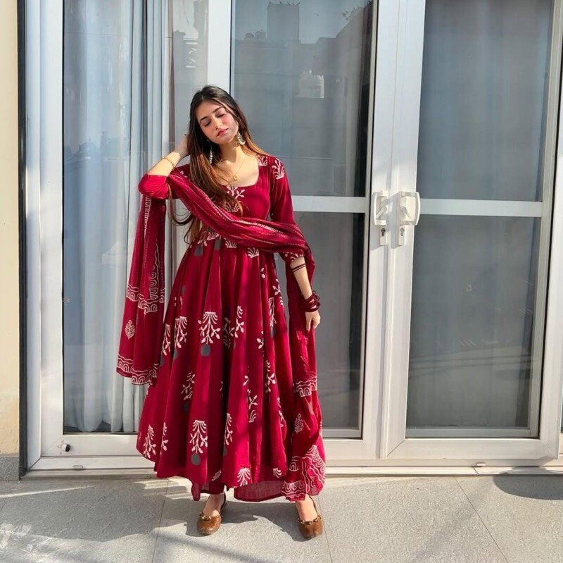 Beautiful red Cotton Hand Block Printed Anarkali 3p Suit