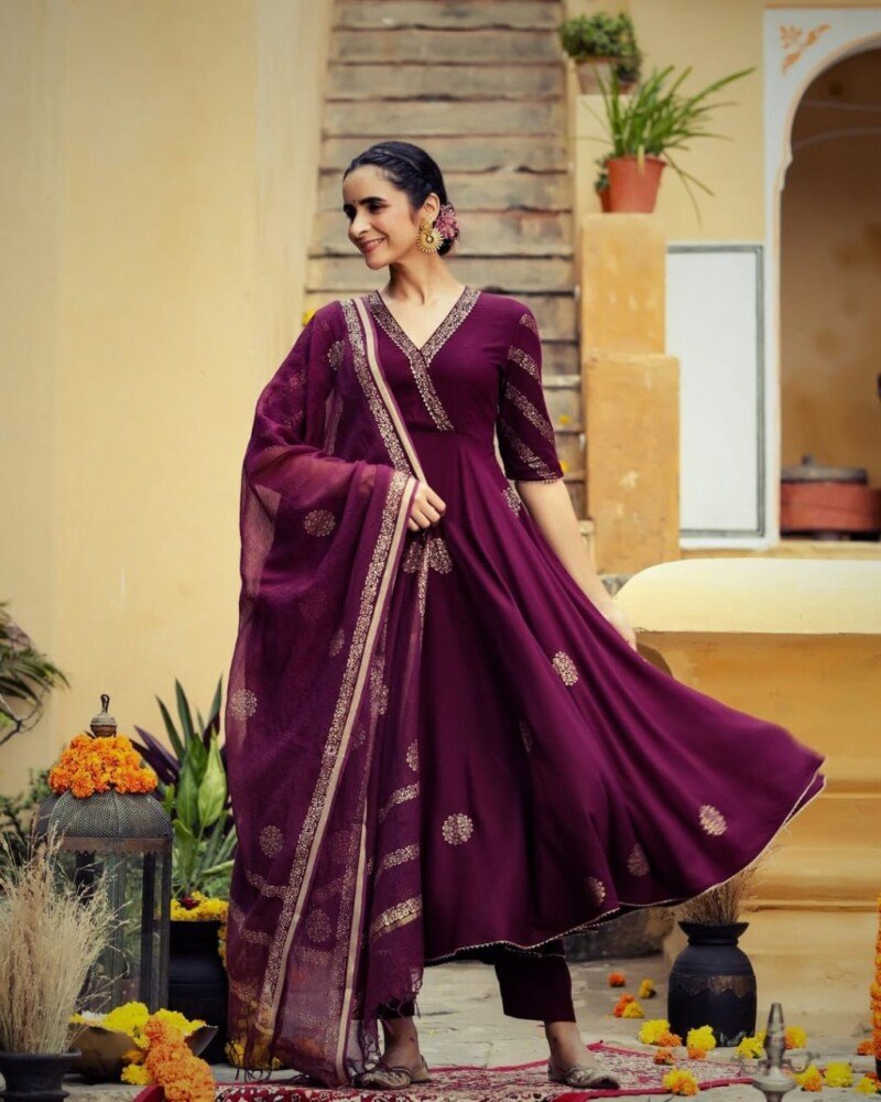 Beautiful Indian Traditional Wine Flared Anarkali 3p Readymade - Image 2