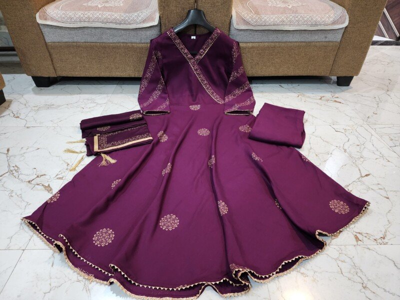 Beautiful Indian Traditional Wine Flared Anarkali 3p Readymade - Image 4