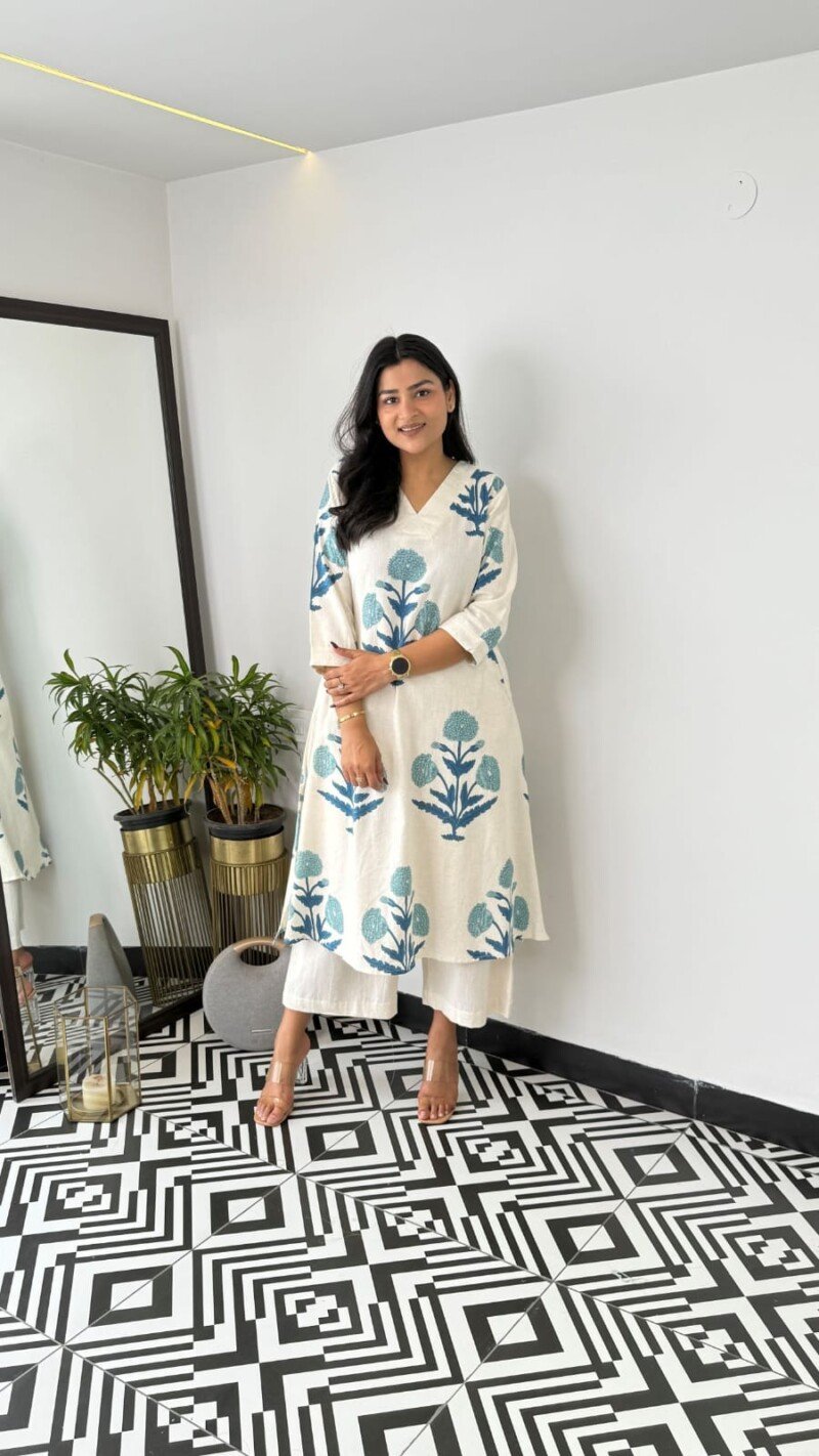 Beautiful Indian White Cotton Cord Set Readymade Dress - Image 3