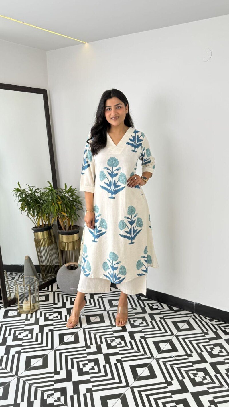 Beautiful Indian White Cotton Cord Set Readymade Dress - Image 2