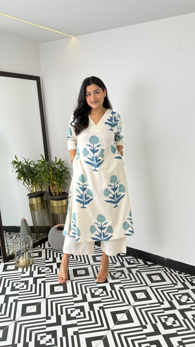 Beautiful Indian White Cotton Cord Set Readymade Dress - Image 4