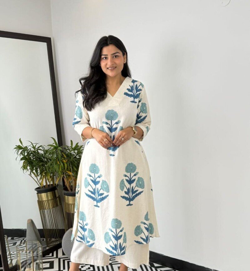 Beautiful Indian White Cotton Cord Set Readymade Dress