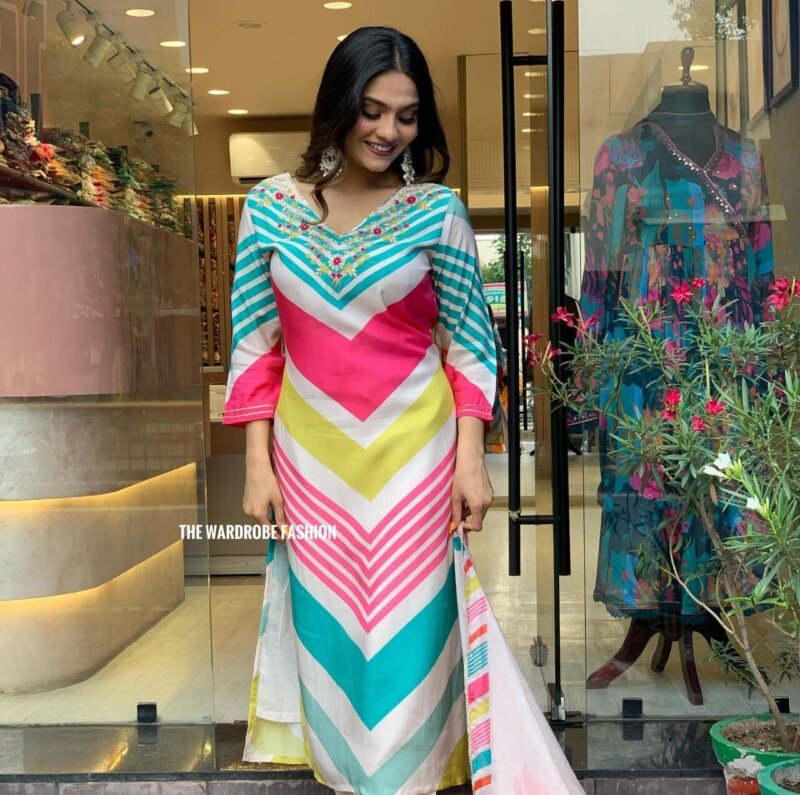 Indian Traditional Rayon Rainbow 3Peice  Suit Readymade - Image 2