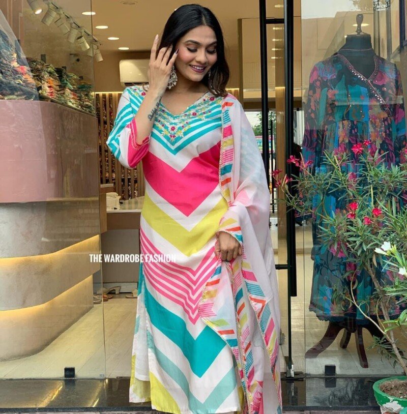 Indian Traditional Rayon Rainbow 3Peice  Suit Readymade