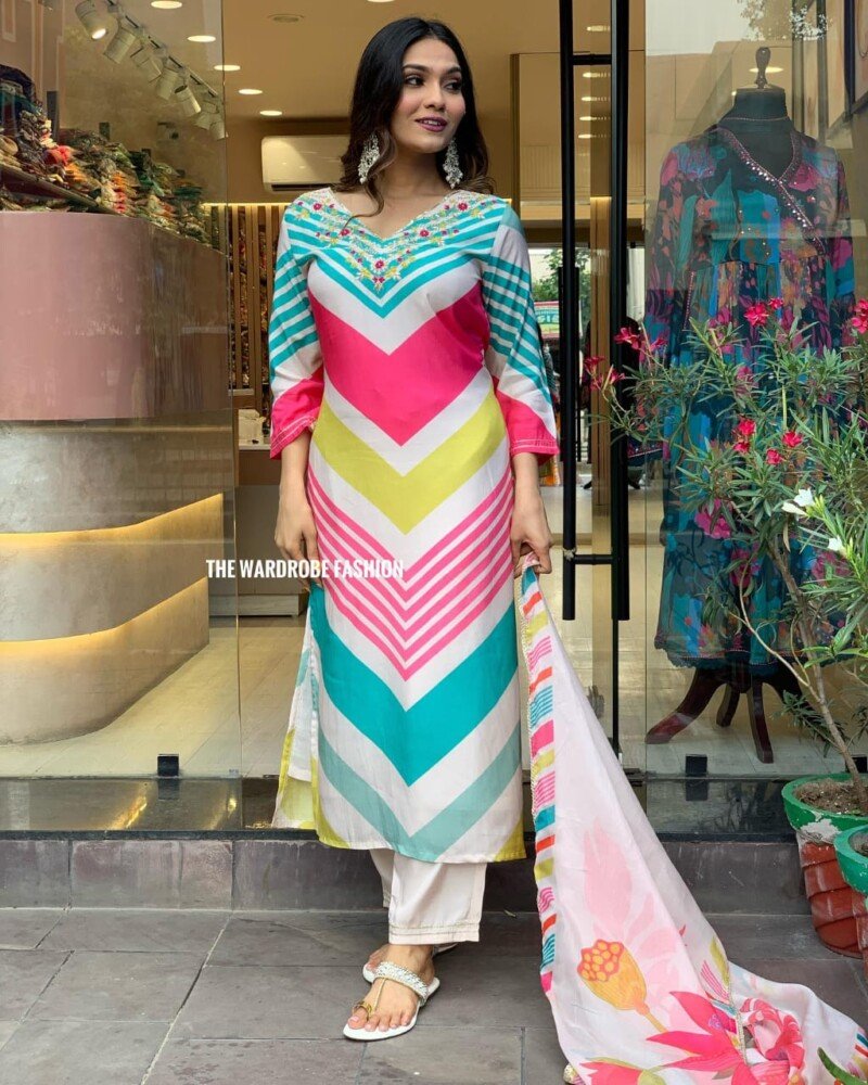 Indian Traditional Rayon Rainbow 3Peice  Suit Readymade - Image 3