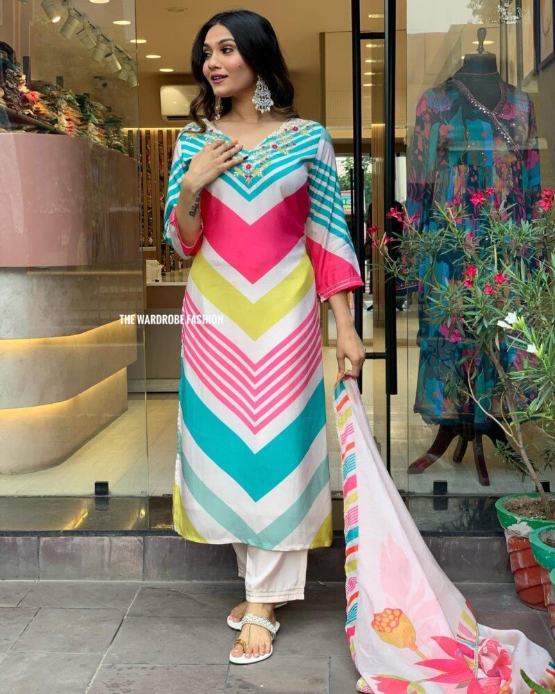 Indian Traditional Rayon Rainbow 3Peice  Suit Readymade - Image 4