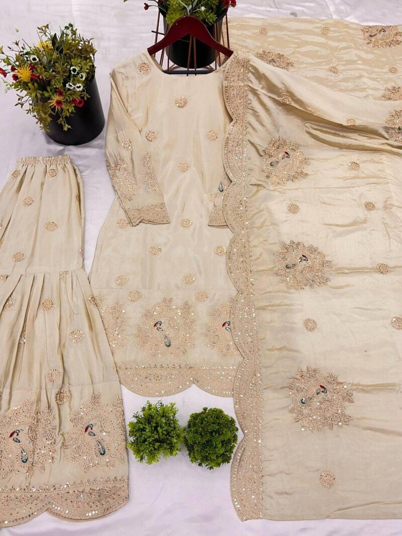 Designer Silk Sharara Kurta Dupatta Suit Partywear Set - Image 7