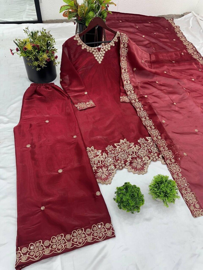 Designer Silk Straight Kurta Dupatta Suit Partywear Set - Image 4