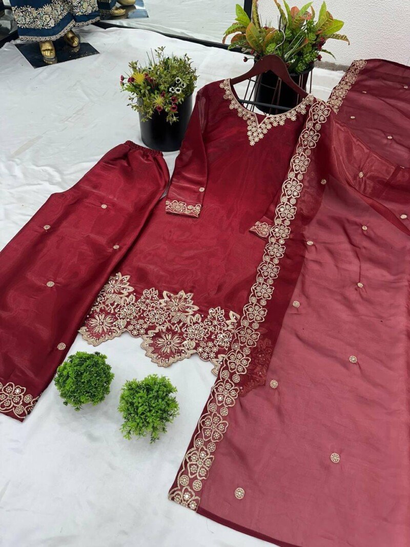 Designer Silk Straight Kurta Dupatta Suit Partywear Set - Image 3