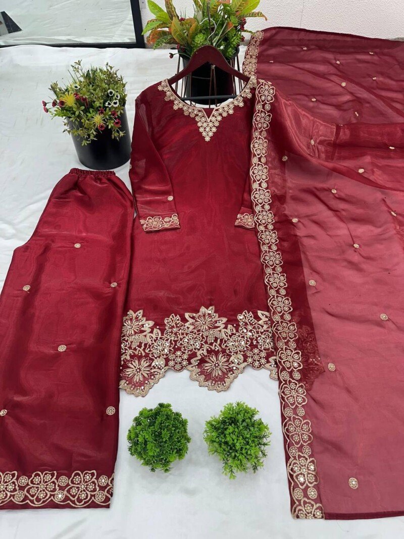 Designer Silk Straight Kurta Dupatta Suit Partywear Set - Image 7