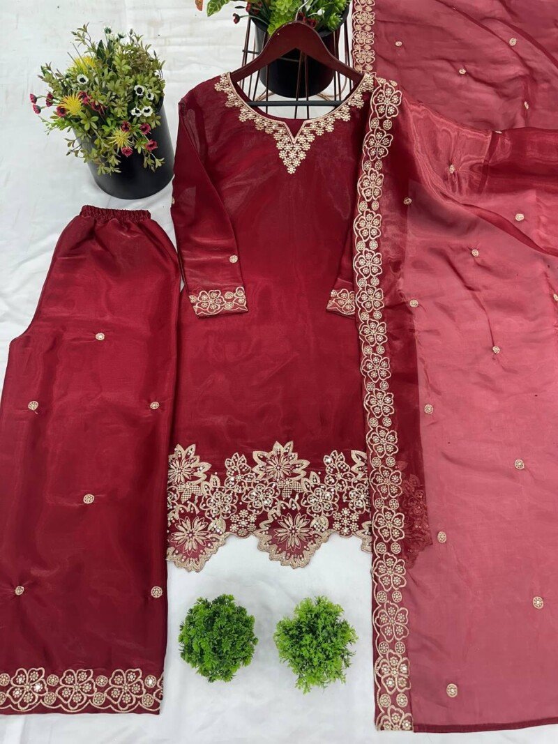 Designer Silk Straight Kurta Dupatta Suit Partywear Set - Image 5