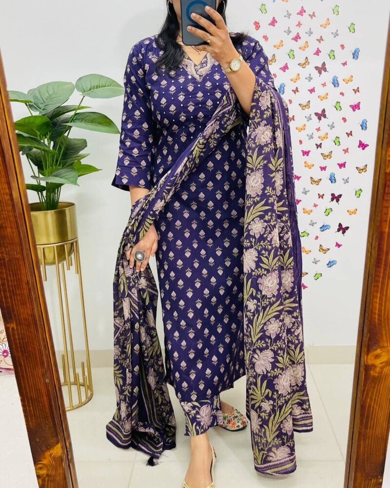 Beautiful Blue Pure Cotton Block Printed Kurta Kurti Set