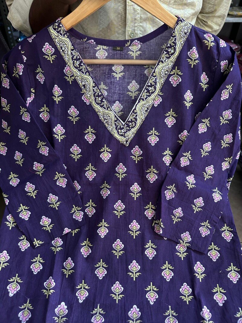 Beautiful Blue Pure Cotton Block Printed Kurta Kurti Set - Image 5