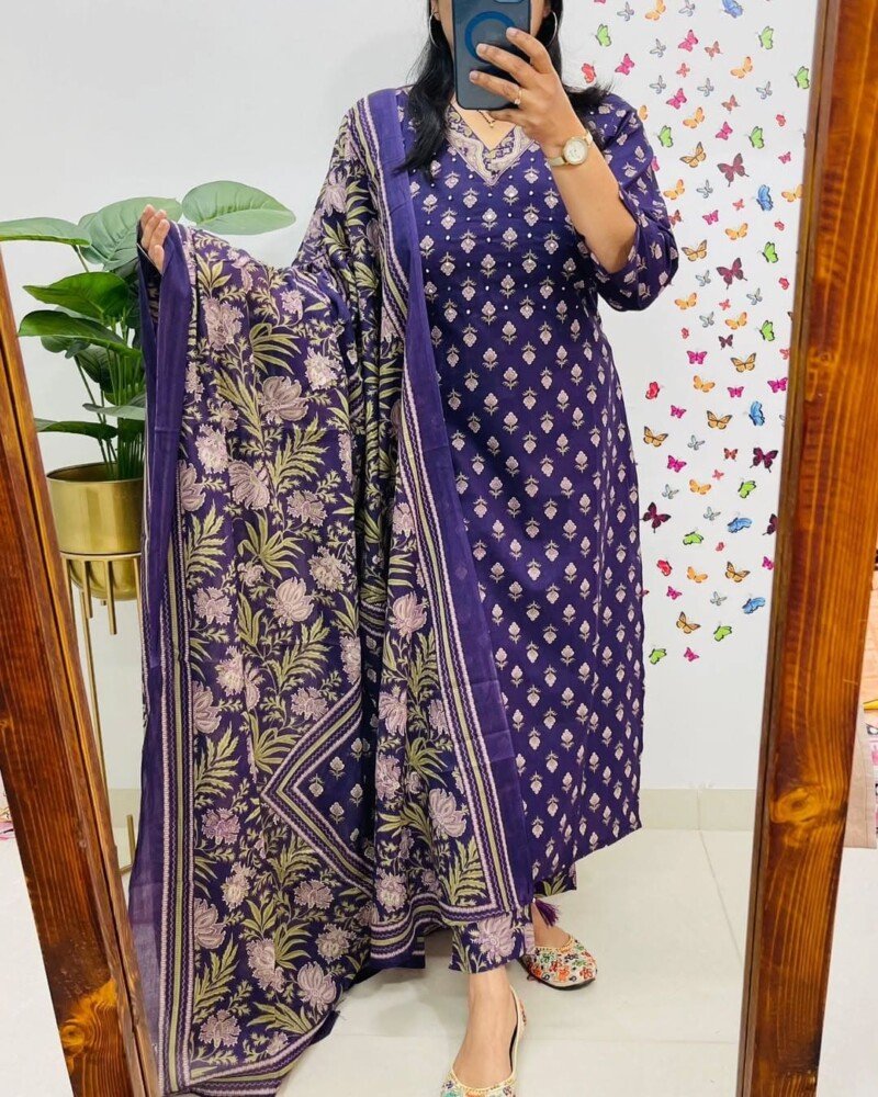 Beautiful Blue Pure Cotton Block Printed Kurta Kurti Set - Image 4