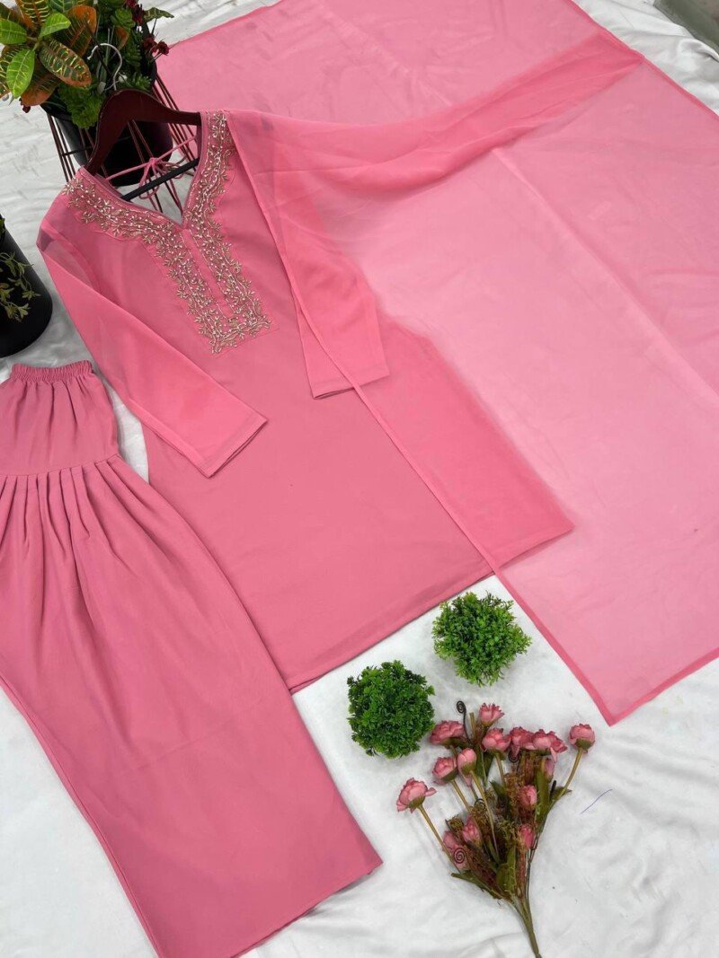 Indian Traditional All Occasion Wear Pink Georgette 3Piece Suit - Image 5