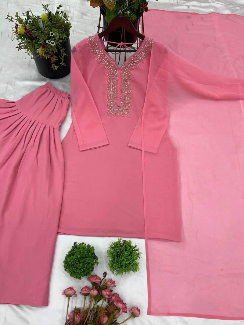 Indian Traditional All Occasion Wear Pink Georgette 3Piece Suit - Image 8