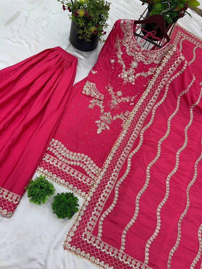 Indian Traditional Wedding/Party Wear Pink  Chinnon Silk 3p Suit - Image 7