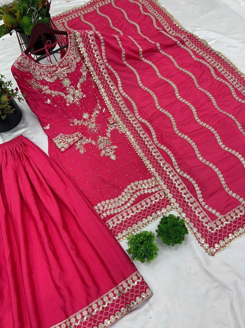 Indian Traditional Wedding/Party Wear Pink  Chinnon Silk 3p Suit - Image 8