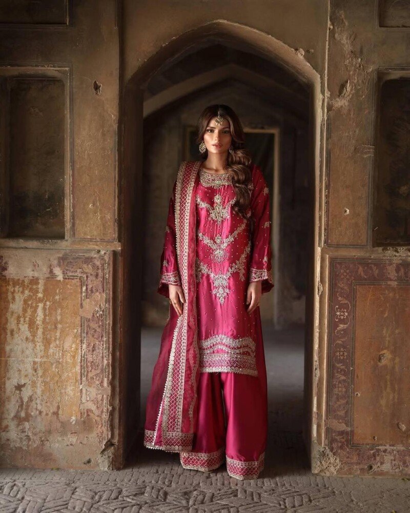 Indian Traditional Wedding/Party Wear Pink  Chinnon Silk 3p Suit - Image 4