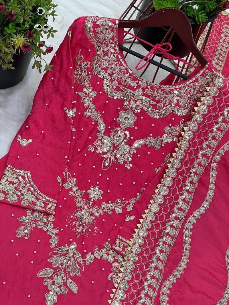 Indian Traditional Wedding/Party Wear Pink  Chinnon Silk 3p Suit - Image 6