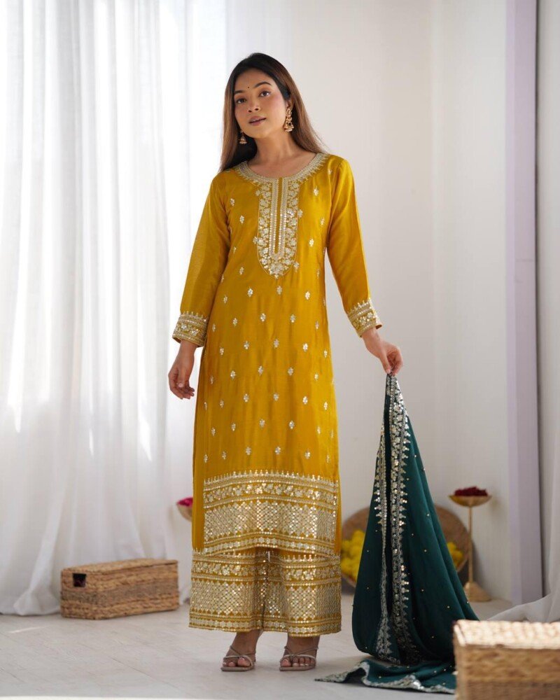 All Occasion Wear Embroidered 3Piece Chinnon Kurta Pant Suit - Image 5