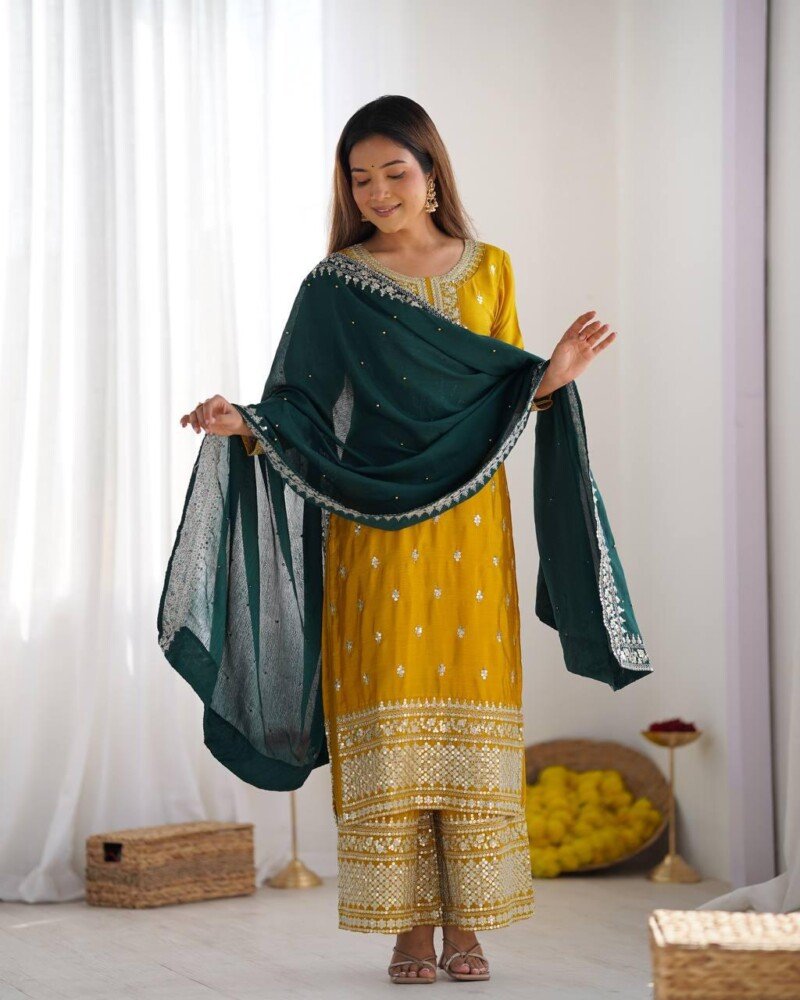 All Occasion Wear Embroidered 3Piece Chinnon Kurta Pant Suit - Image 4