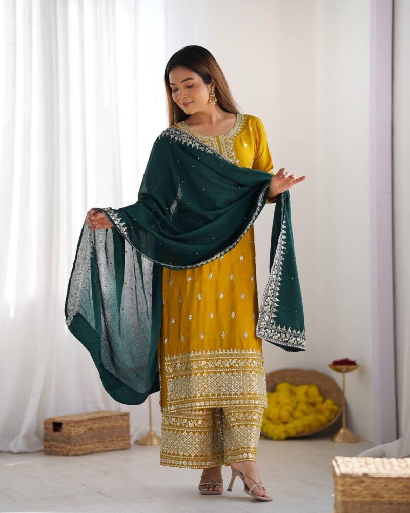 All Occasion Wear Embroidered 3Piece Chinnon Kurta Pant Suit - Image 3