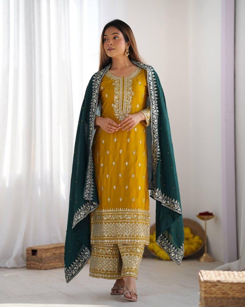 All Occasion Wear Embroidered 3Piece Chinnon Kurta Pant Suit