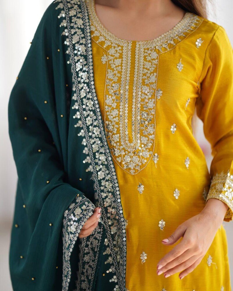 All Occasion Wear Embroidered 3Piece Chinnon Kurta Pant Suit - Image 9