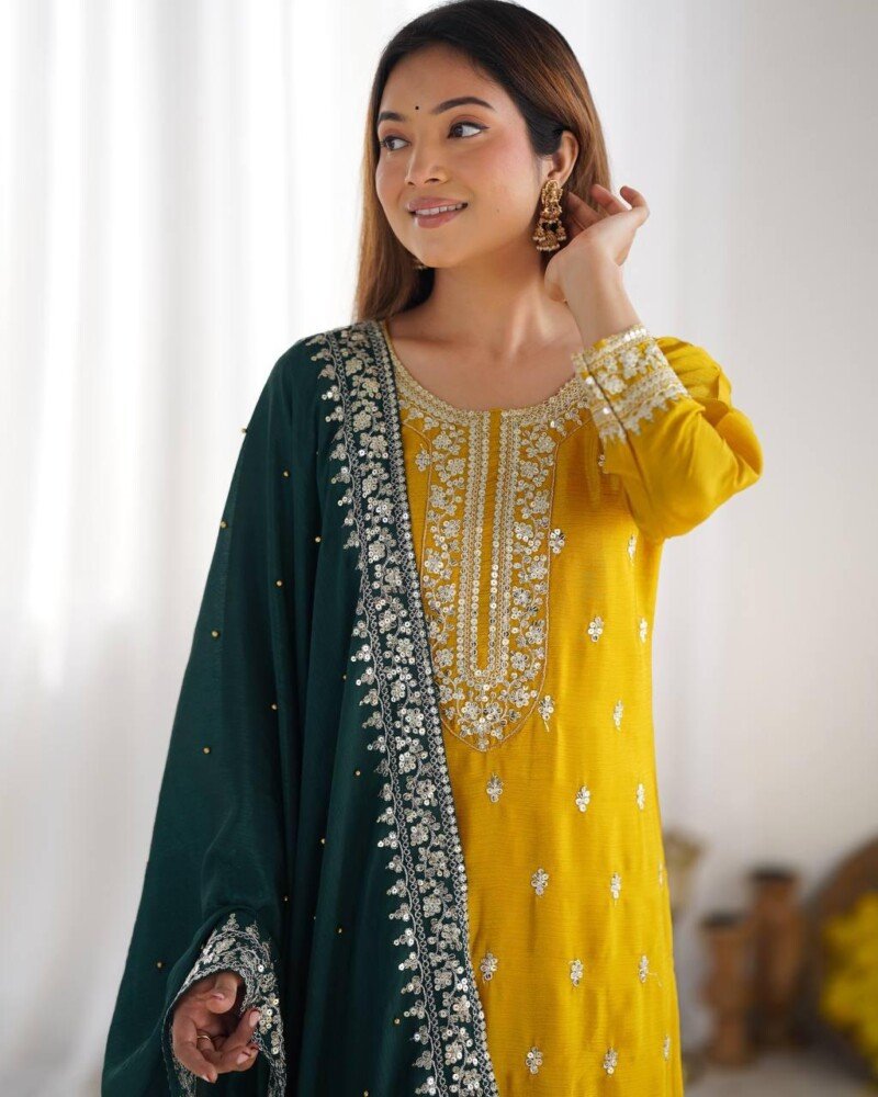 All Occasion Wear Embroidered 3Piece Chinnon Kurta Pant Suit - Image 8