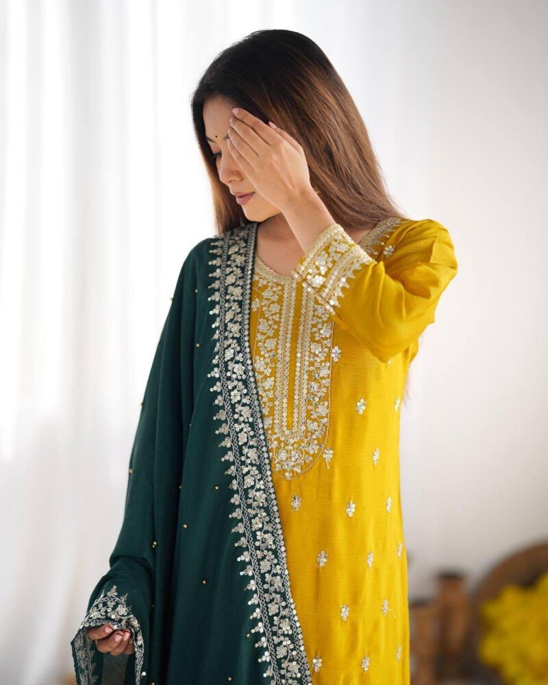All Occasion Wear Embroidered 3Piece Chinnon Kurta Pant Suit - Image 7