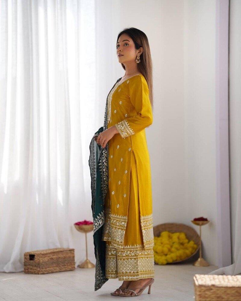 All Occasion Wear Embroidered 3Piece Chinnon Kurta Pant Suit - Image 10