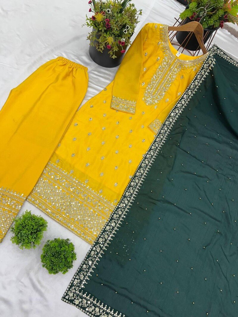 All Occasion Wear Embroidered 3Piece Chinnon Kurta Pant Suit - Image 14