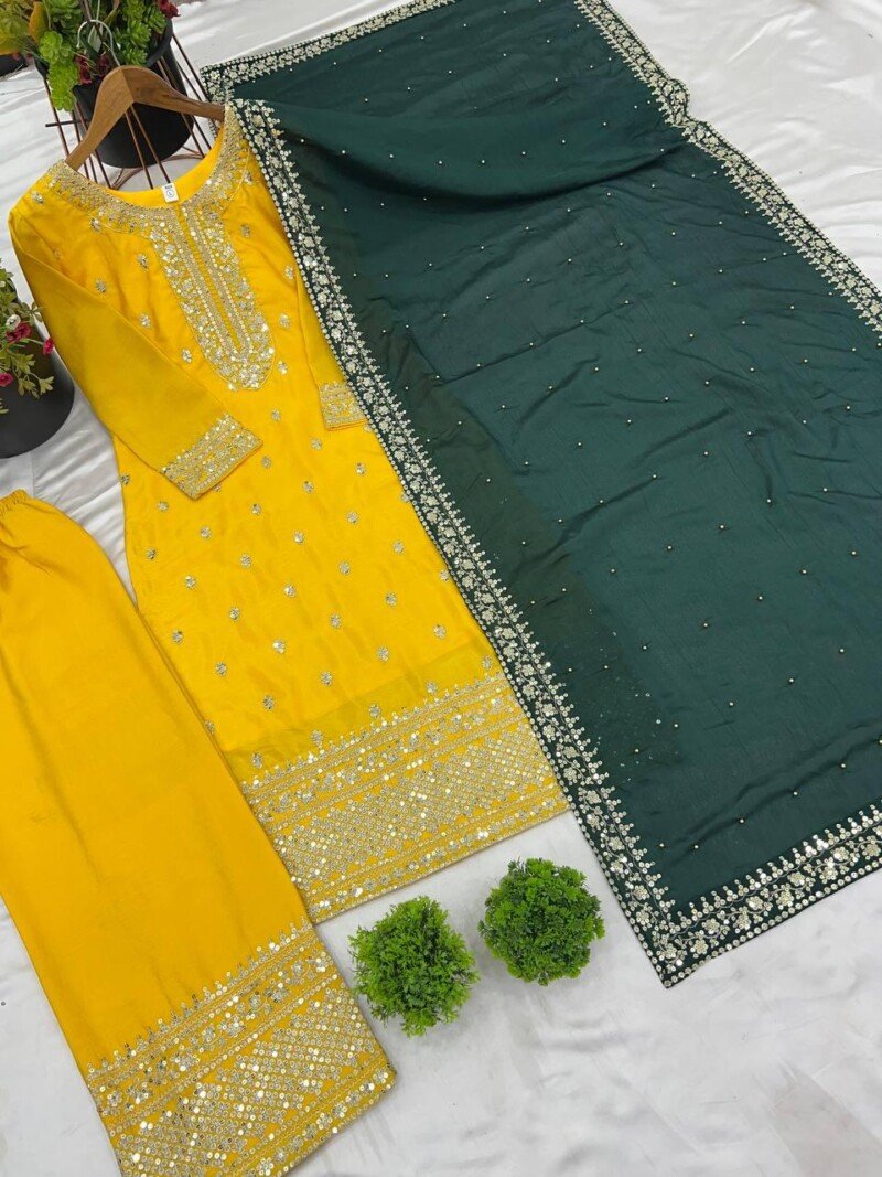 All Occasion Wear Embroidered 3Piece Chinnon Kurta Pant Suit - Image 12
