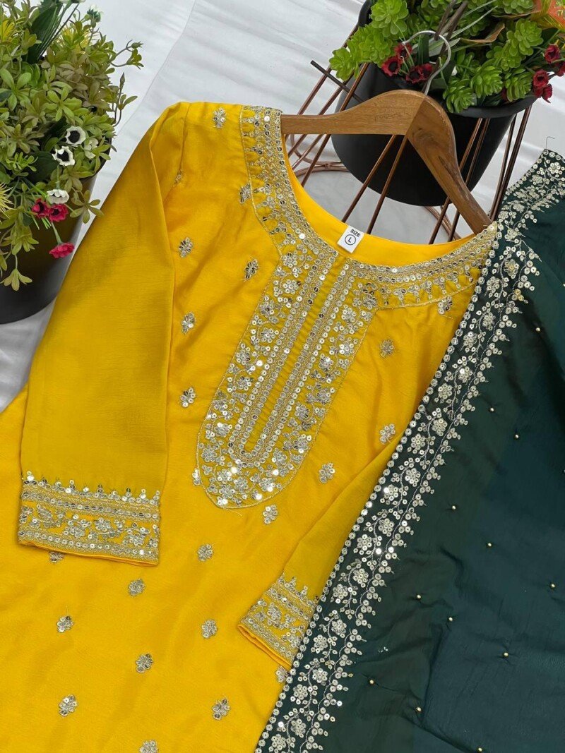 All Occasion Wear Embroidered 3Piece Chinnon Kurta Pant Suit - Image 11