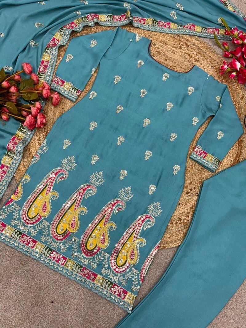 Party/Wedding Wear  Chinnon Silk Embroidered 3P. Suit - Image 10