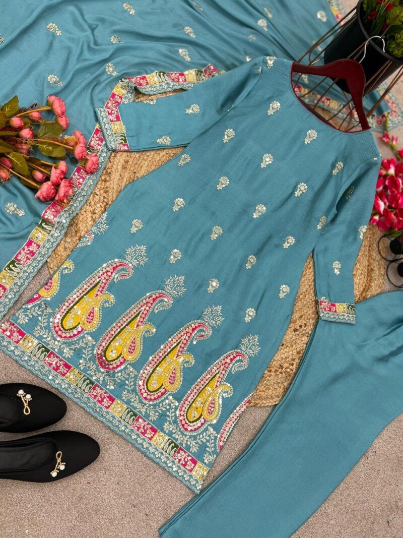 Party/Wedding Wear  Chinnon Silk Embroidered 3P. Suit - Image 9