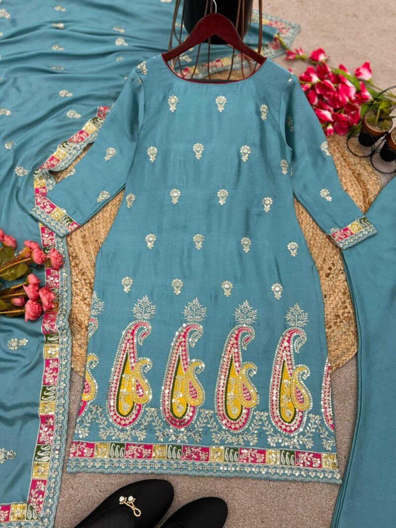 Party/Wedding Wear  Chinnon Silk Embroidered 3P. Suit - Image 8