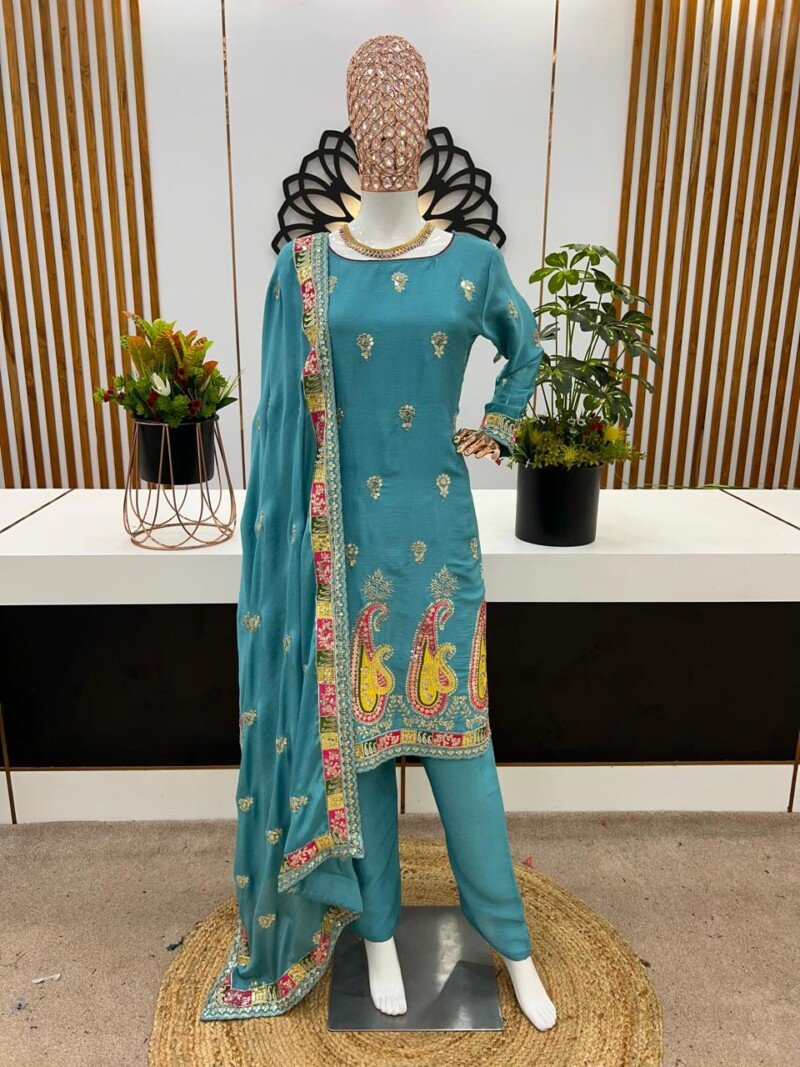 Party/Wedding Wear  Chinnon Silk Embroidered 3P. Suit - Image 7
