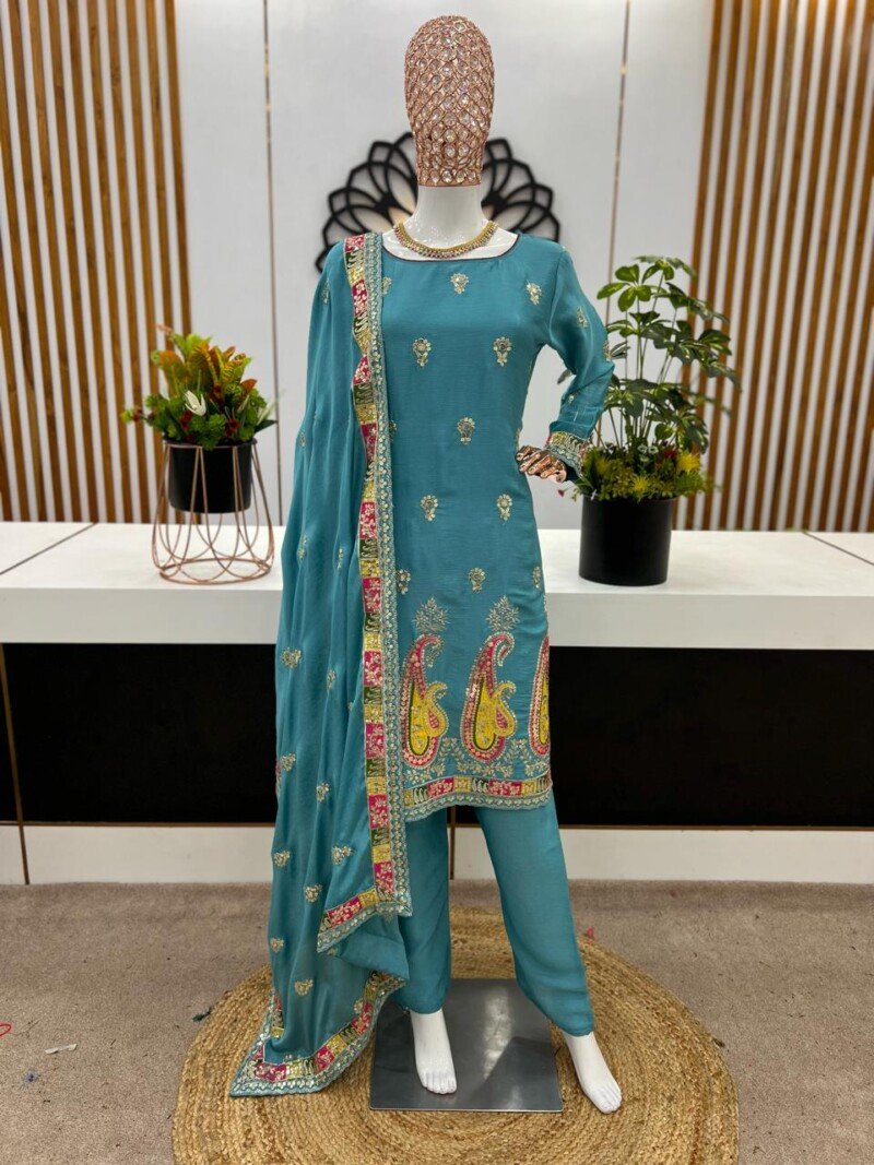 Party/Wedding Wear  Chinnon Silk Embroidered 3P. Suit - Image 6