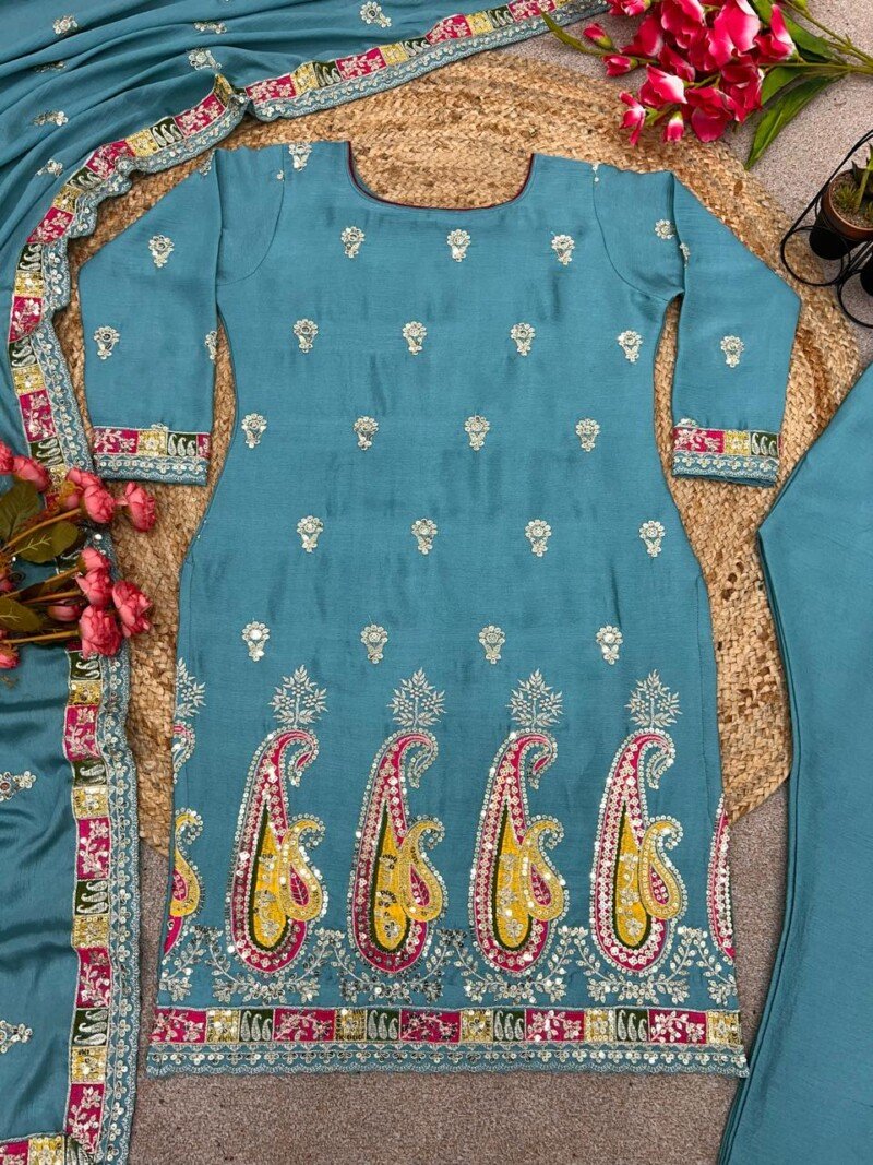 Party/Wedding Wear  Chinnon Silk Embroidered 3P. Suit - Image 12