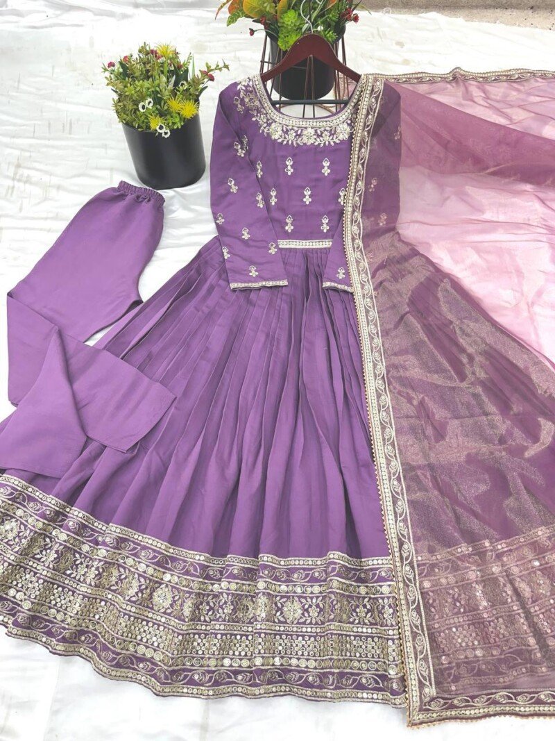 Party/Wedding Wear Roman Silk Anarkali 3P. Suit Fully Stitched - Image 9