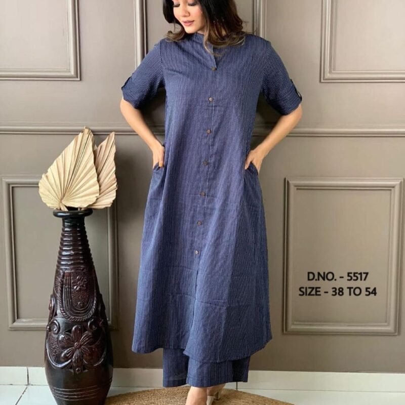Plus/Regular Size Beautiful Blue Cotton Kurta Pant With Side Pocket