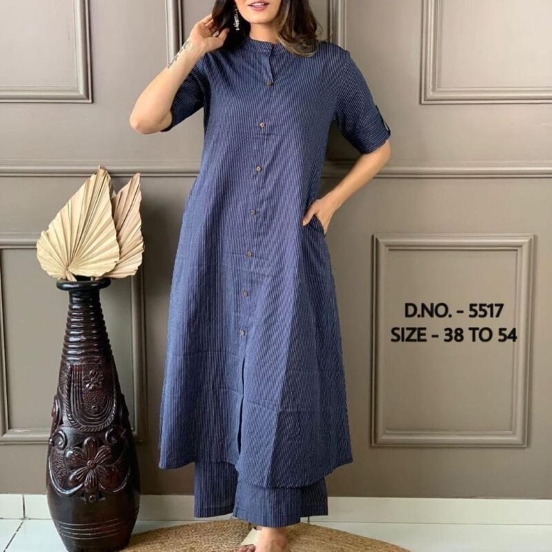 Plus/Regular Size Beautiful Blue Cotton Kurta Pant With Side Pocket - Image 3