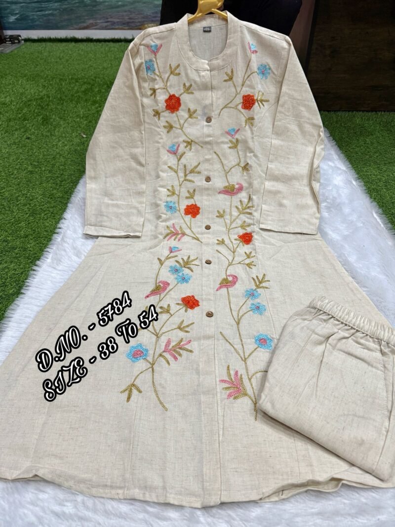 Plus/Regular Size Beautiful Cotton Slub Kurta With Pant Set Stitched - Image 8