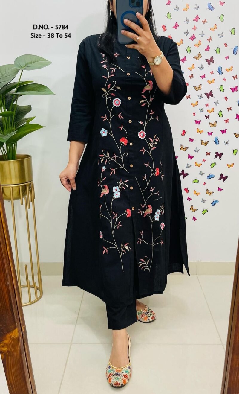 Plus/Regular Size Beautiful Black Cotton Slub Kurta With Pant Set - Image 2
