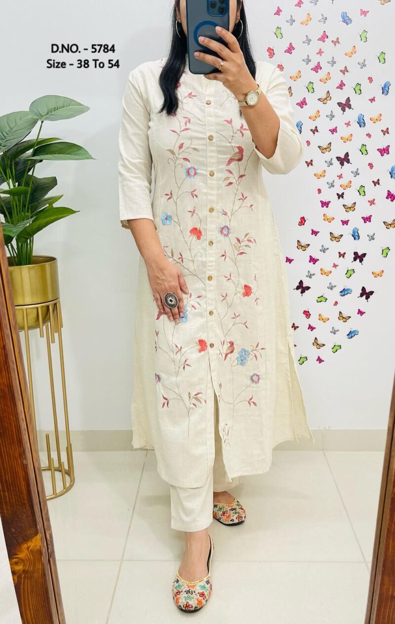 Plus/Regular Size Beautiful Cotton Slub Kurta With Pant Set Stitched - Image 6