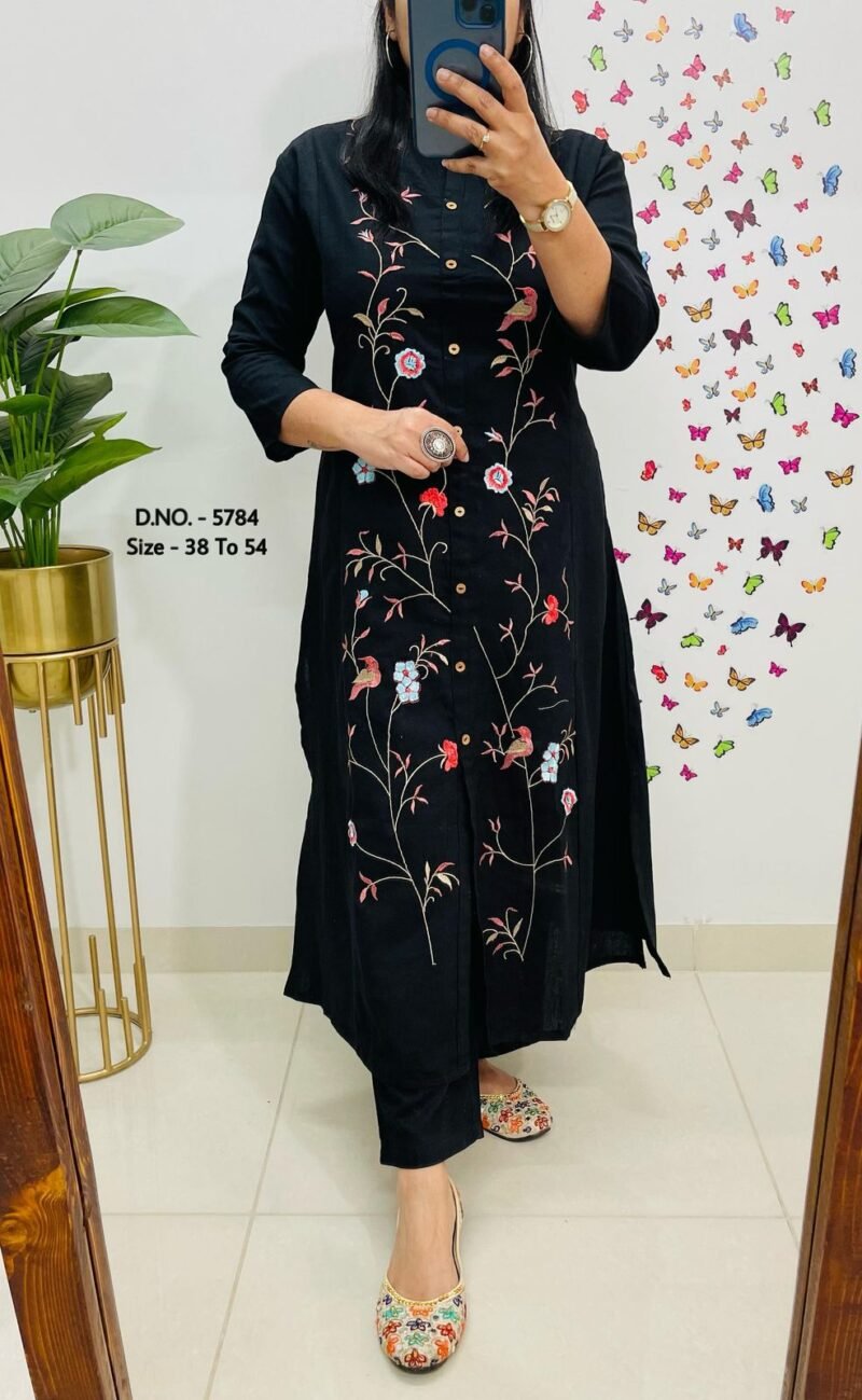 Plus/Regular Size Beautiful Black Cotton Slub Kurta With Pant Set - Image 5